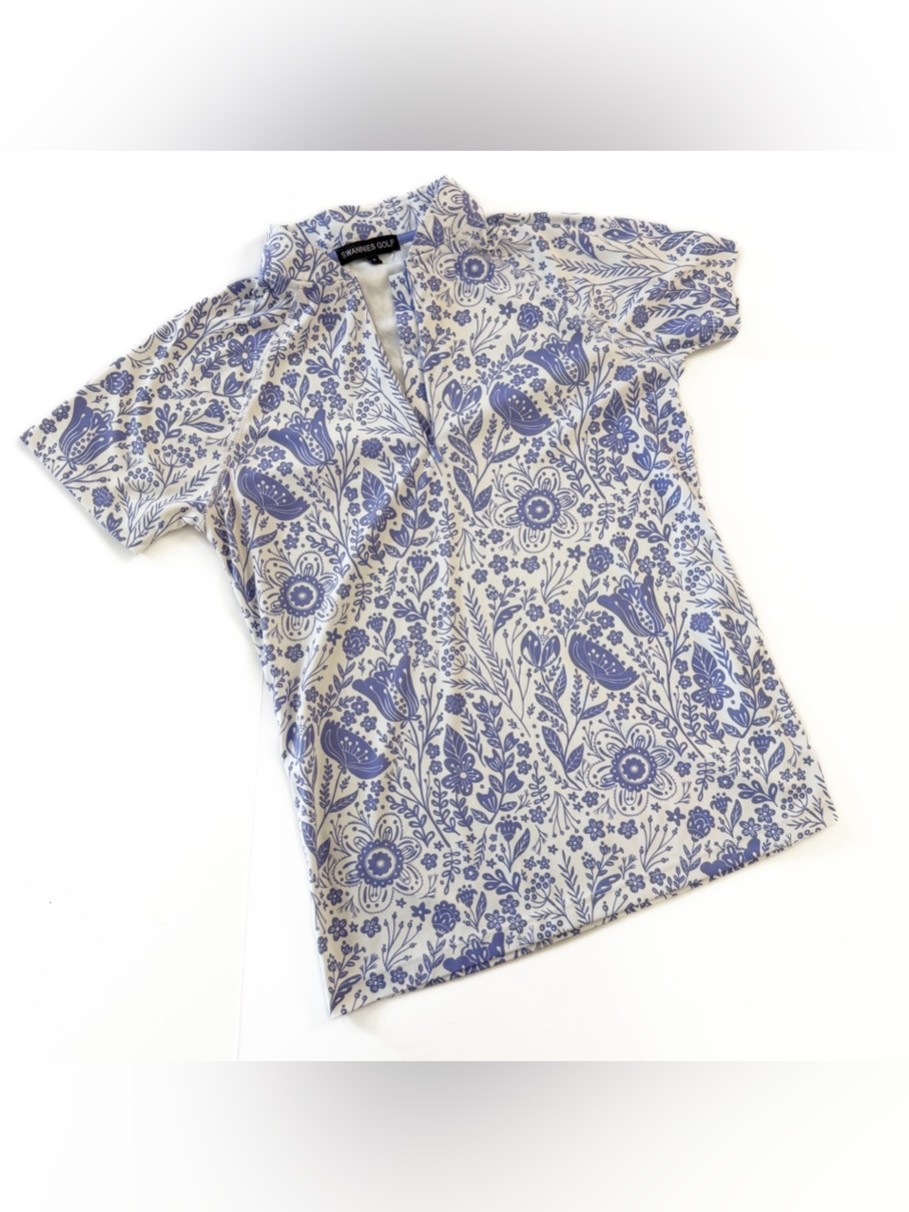 Swannies Golf Shirt Womens Small Blue White Floral Polo Performance
